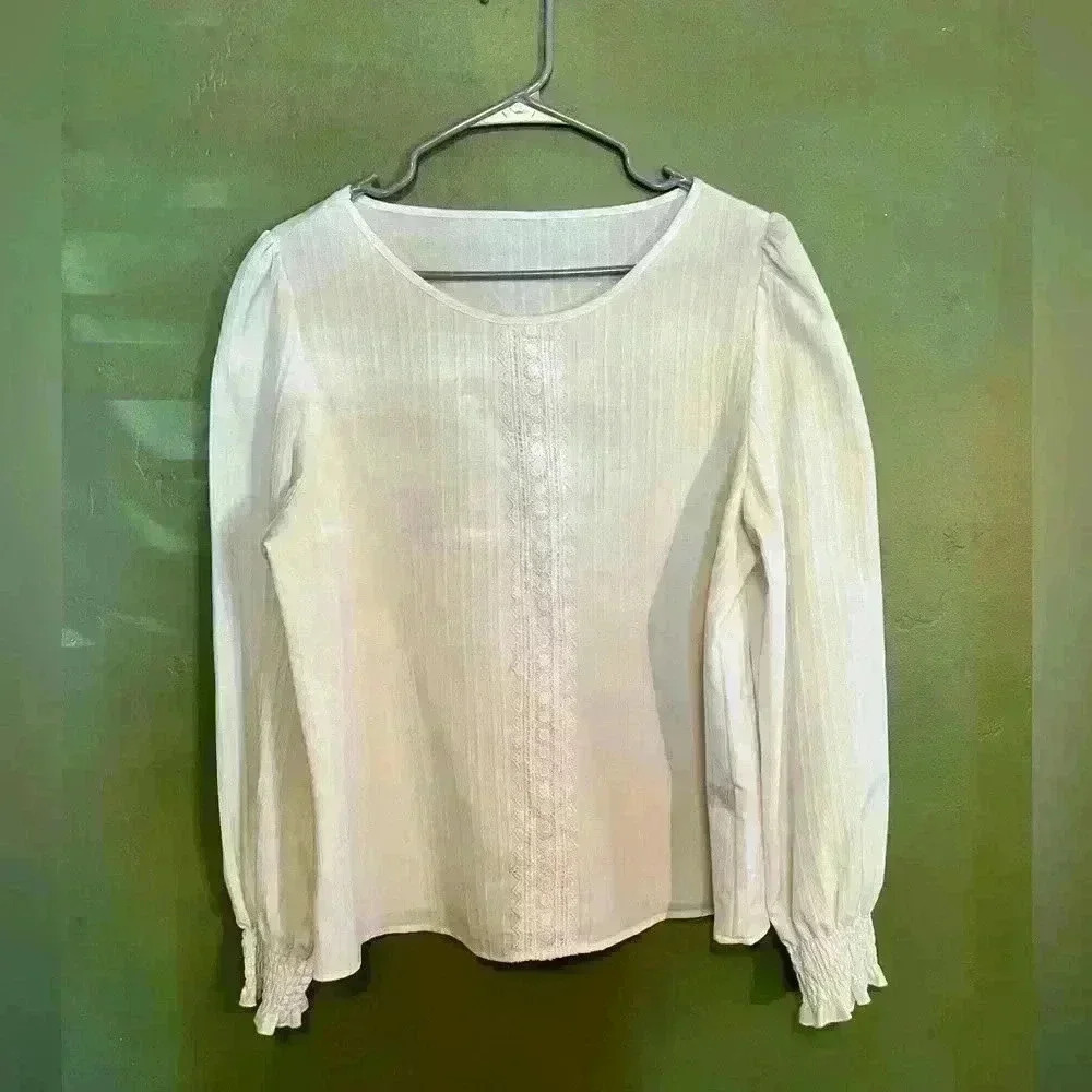 White Long Sleeve Puff Sleeve Blouse with Lace Embellishment, Size XL